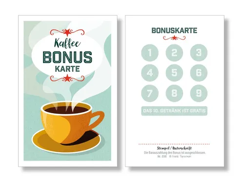 Frank Paperman Visitenkarten - 125 Kaffeebonuskarten - Visitenkarten für Kundenbindung, 100% Recyclingpapier, ansprechendes Kaffeedesign, ideal für Cafés zur Förderung von Treue und Umsatz.