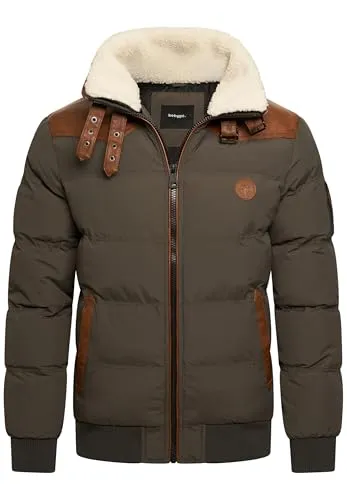 behype. Herren Winterjacke mit abnehmbarem Kunstfell in Schaf-Optik Kurze Steppjacke warme Outdoorjacke Jacket Puffer-Jacke Piloten-Stil (DE/NL/SE/PL, Alphanumerisch, M, Regular, Regular, Khaki)