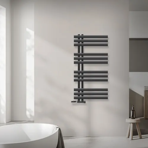 LuxeBath Badheizkörper Iron EM 500x1000 mm Anthrazit - Eleganter Badheizkörper mit Thermostat, ideal für effiziente Wärme und Frostsicherung. Hochwertige Verarbeitung und modernes Design für Bäder und Wohnräume.