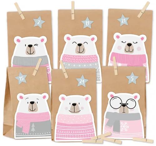 Adventskalender zum Befüllen mit Holzklammern, Eisbärmotiven und Zahlenaufkleber