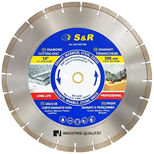 S&R Diamant-Trennscheibe 350 x 25.4 x 3.0 x 10 mm, in Industrie-Qualität für Naturstein, Kunststein, Marmor, Granit, Sandstein, Hartziegel, Diamanttrennscheibe für Motortrennsägen & Tischsägen