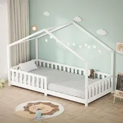 Kinderbett Hausbett aus Kiefernholz 90x200 cm - Modernes Kinderbett im Hausdach-Design aus stabilem Kiefernholz, inklusive Lattenrost, ideal für Jungen und Mädchen, einfache Montage für ein gemütliches Kinderzimmer.