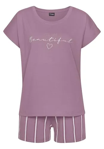 Shorty VIVANCE DREAMS Damen, Gr. 36/38, rot (mauve gestreift) - Bequeme Nachtwäsche aus 100% Baumwolle, ideal für entspannte Abende. Rundhals-T-Shirt mit Schriftzugprint und gestreifte Shorts mit elastischem Tunnelzugbund.