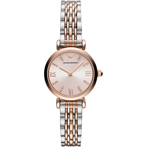 Emporio Armani Analog 'Gianni T-bar' Damen Uhr AR11223 - Elegante Roségold-Optik - Damenuhren mit elegantem 28 mm Roségold-Gehäuse, wasserdicht bis 3 ATM und funkelnden Kristallen auf dem Zifferblatt für einen glamourösen Look.