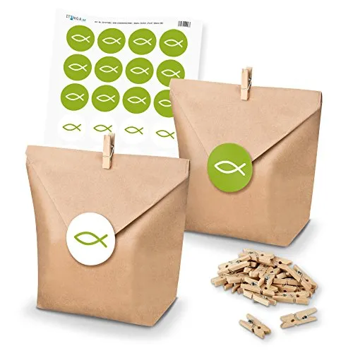 itenga Set Fisch 24x Geschenktüten Papier Braun inkl Aufkleber Sticker für Gastgeschenke Taufe Kommunion Konfirmation (Grün)