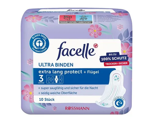 facelle Binden Ultra Binden extra lang protect + Flügel, 3 von 4 Gr., 10 Stück