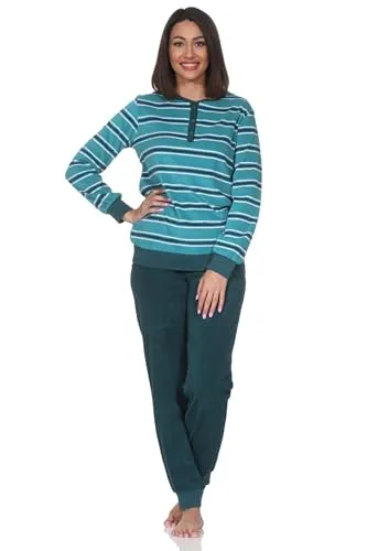 Normann Damen Frottee Schlafanzug mit Bündchen - Kuscheliger Pyjama in Übergröße, Farbe: Grün, Größe: 36-38 - Kuscheliger Frottee Schlafanzug für kalte Nächte. Mit Bündchen für optimalen Sitz und Knopfleiste für mehr Komfort. In eleganter Streifenoptik und auch in Übergrößen erhältlich. Geprüfte Qualität für ein angenehmes Tragegefühl.
