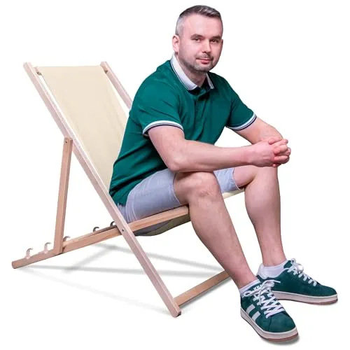 DreamRoots Liegestuhl Klappbar Holz aus Buchenholz, bis 130 kg belastbar, 3-Fach verstellbare Rückenlehne, waschbarer Polyesterbezug