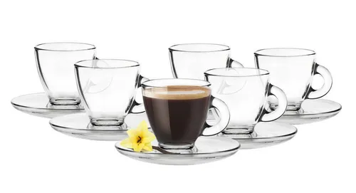 Espresso Gläser 85ml mit 6 Unterteller – 12tlg Set - Gläser & Glaswaren – Hochwertige, spülmaschinenfeste Espressogläser für Heißgetränke, ideal für stilvolle Kaffeepausen und perfekt verpackt in einer Präsentschachtel.