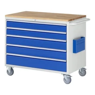 Rau Werkstattwagen Serie 7000 - Montagewagen mit 450kg Tragkraft - Robuster Montagewagen mit 5 XXL-Schüben und Buche-Massiv-Arbeitsplatte, ideal für Werkstätten. Zentral abschließbar und mit 5 Jahren Garantie, Made in Germany.
