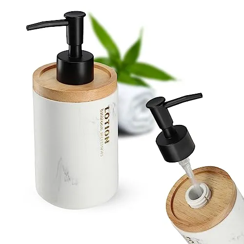 KADAX Seifenspender, ⌀7,5cm Handseifenspender in Marmormuster, Seifendosierer aus Kunststoff mit Bambusdeckel, Pumpspender in Zwei Farben, Badaccessoire (Weiß)