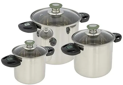 Bo-Camp Elegance Compact Kochtopf-Set, Edelstahl, 6-teilig - Kochsets - Luxuriöses Edelstahl-Set mit 40 % Platzersparnis, ideal für Camping und Gaskocher dank klappbarer Griffe.