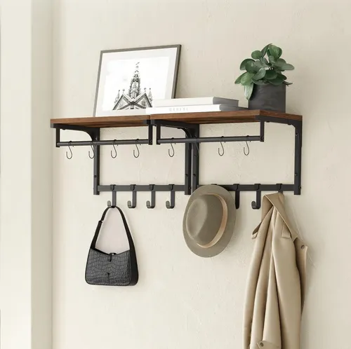 VASAGLE Wandgarderobe Garderobe mit Ablage, Wandregal, für Flur, Waschküche, 40 x 24 x 24 cm (2 St), 2er Set, je 8 abnehmbare Haken, Industrie-Design, vintagebraun-schwarz