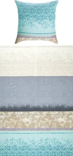 Erwin Müller Flanell-Bettwäsche - Gemusterte Streifen Mint-Silber, 80x80 cm / 155x220 cm - Bettbezüge aus 100% Baumwolle, samtweich und temperaturausgleichend. Praktischer Reißverschluss für einfaches Beziehen und ein harmonisches Design für Ihr Schlafzimmer.