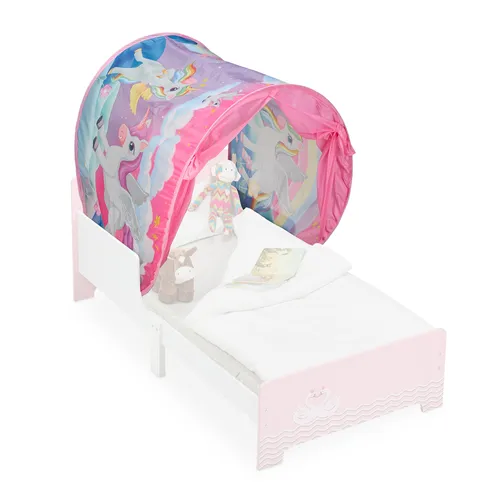 Relaxdays Bettzelt für Kinder - Einhorn-Design - Zubehör für das Babybett: Buntes Bettzelt mit Pop-up-Funktion für gemütliche Abenteuer im Kinderzimmer, ideal für süße Träume.