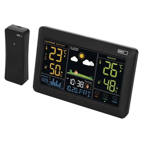 EMOS Funk Wetterstation mit Farbdisplay und Außensensor, Thermometer, Hygrometer, Barometer, Wettervorhersage, Datum- und Uhranzeige, Wecker, Smiley-Indikator, inkl. Netzteil