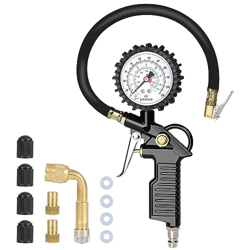 Gaethra Reifendruckprüfer mit Flexiblem Schlauch, Reifenfüller für Auto, Motorrad, Manometer Messbereich: 0-16 BAR/220 PSI