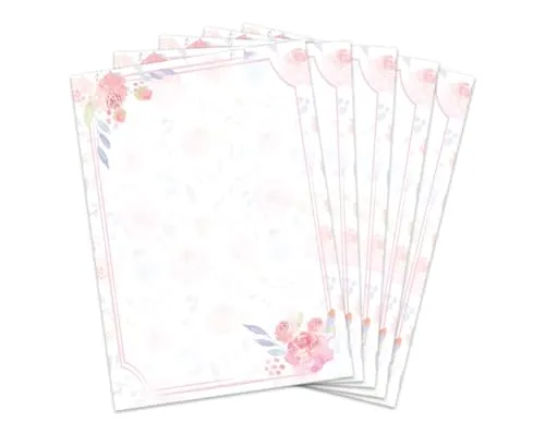 Briefbögen DIN A4, beidseitig per Hand beschriftbar und mit allen Druckern und Kopierern bedruckbar für Einladungen Briefpost Firmenpost Urkunden Zertifikate, Zarte Aquarellblumen in Lila und Rosa 50