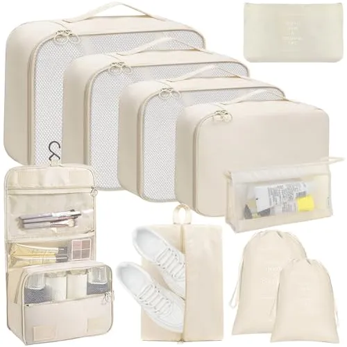 Koffer Organizer Set 10 Stück Packing Cubes,Platzsparender Packwürfel,Packing Cubes Compression,Kleidertaschen, Reise Organizer Set für Kosmetik,Kleidung und Schuhe (Beige)