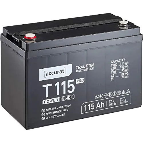 Accurat Traction T115 Pro AGM Bleiakku- 12V, 115Ah, +30% Startleistung, wartungsfrei, zyklenfest -VRLA Batterie, Bootsbatterie,USV Batterie,Versorgungsbatterie, Solarbatterie,Blei Batterie für Camping