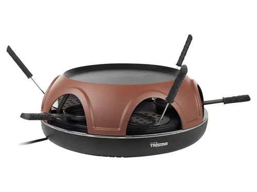 Tristar PZ-9160 Raclette-Grill-Kombigerät - Raclette und Pizza in einem Gerät! Genieße mit der Familie köstliche Mini-Pizzen und Raclette-Gerichte. Mit 1800 Watt für schnelle Ergebnisse und einfacher Reinigung dank spülmaschinenfester Teile.