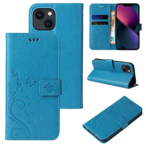 Handy Tasche für Apple iPhone 13 Handyhülle Blumen Buch Klapp Cover Case Blau