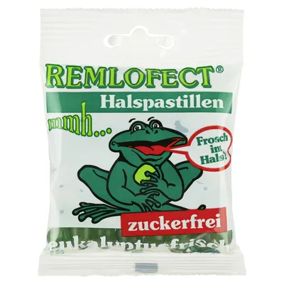 Remlofect Halspastillen Zuckerfr. Eukalyptusfrisch 50 G - Arzneimittel zur Linderung von Halsschmerzen mit erfrischendem Eukalyptusgeschmack, ideal für unterwegs und ohne Zucker.