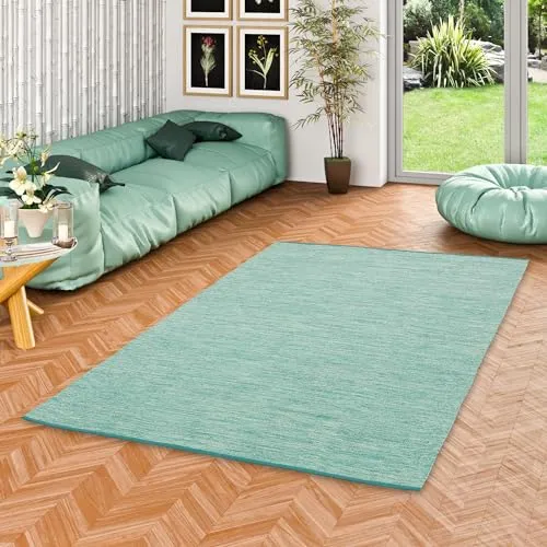 Pergamon Baumwolle Natur Kelim Teppich Easy Türkis Meliert in 7 Größen