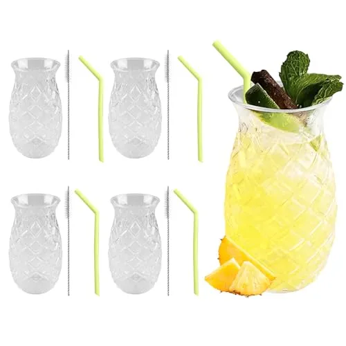 WIYETY 4er Set Ananas Gläser: 400ml Klares Cocktailbecher mit Ananas-Relief, Wiederverwendbar Partygläser mit 4 Strohhalme+ Strohbürsten, Saftgläser, Longdrinkglas in Ananasform für Hause, Party