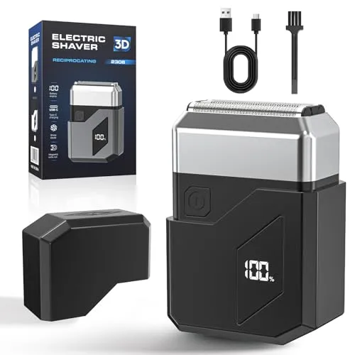 Elektrorasierer Herren, Rasierer Herren Elektrisch mit LED-Anzeige, Mini Foil Shaver IPX7 Nass-Trockenrasierer mit 3 Flexiblen Klingen, USB-C Ladestation für Bart Gesicht Reise