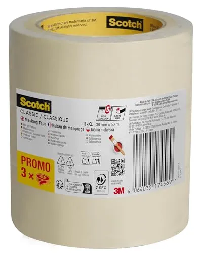 Scotch Kreppband Classic, Promo Pack, 3 Rollen, 36 mm x 50 m – Hochwertiges Abklebeband für vielseitigen Einsatz, Premium Malerkrepp für Malerarbeiten und Dekoration, 70% PEFC-zertifiziert
