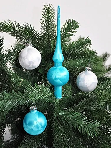 Thüringer Glasdesign Jack Eislack Glas Christbaumkugeln Set - Elegantes Weihnachtsbaumkugeln-Set mit 15 Eislack-Kugeln (6 cm) in Türkis und Weiß sowie einer 25 cm hohen Spitze. Handgefertigt aus Echtglas, inklusive praktischer Aufbewahrungsbox. Made in Germany.