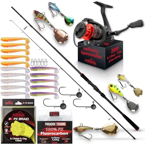Paradox Fishing Firetiger Spinnrute Komplett-Set 2,1m mit 2000 Rolle - Vielseitiges Spinnruten-Set für Barsch, Zander und Hecht. Die 2,1m lange Rute mit einem Wurfgewicht von 5-20g bietet optimale Kontrolle und Präzision beim Angeln.