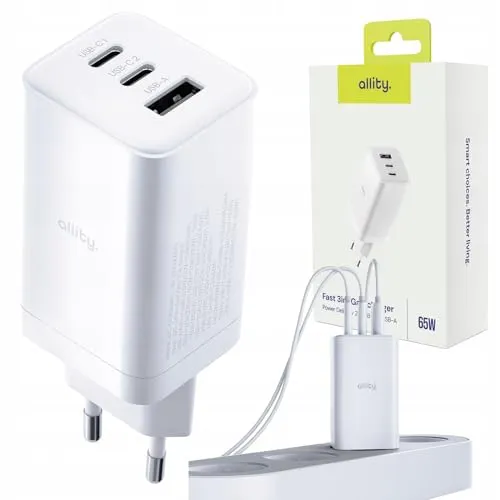 Allity 65W GaN USB-C Ladegerät – Schnellladegerät für Laptop & Handy - Netzteile für Handys mit 65W Schnellladung – Ideal für ultraschnelles Laden von iPhone, Samsung und mehr. Kompaktes Design mit 2x USB-C und 1x USB-A für gleichzeitiges Laden.
