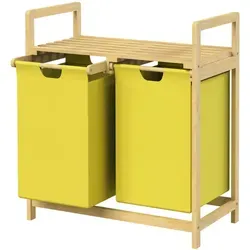 ML-Design Wäschekorb aus Bambus, Gelb - 60L mit 2 Fächern - Wäschekörbe - Stilvoller Wäschesortierer mit 2 ausziehbaren Wäschesäcken für effizientes Vorsortieren und praktischer Ablagefläche für Pflegeartikel.