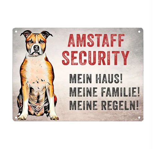 Cadouri Hunde-Warnschild 'Amstaff Security' – Wetterfestes Türschild 28 x 20 cm - Ein liebevoll gestaltetes Türschild im bunten Cartoon-Stil für Hundebesitzer. Ideal als dekorativer Blickfang für Haus und Garten, wetterfest und einfach aufzuhängen.