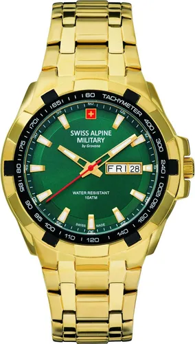 Swiss Alpine Military Herren Uhr 7043.1114 - Edelstahl-Armbanduhr mit goldfarbenem Gehäuse und grünem Ziffernblatt, wasserdicht bis 10 ATM – ideal für stilvolle Abenteuer.