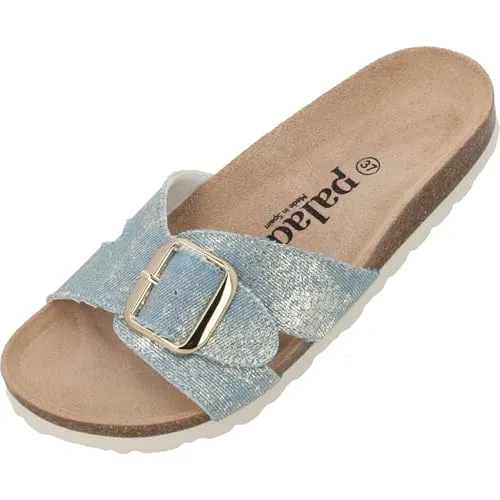 Palado Pantoletten Damen Tinos Jeans – elegante Sandalen Made in Spain - bequeme Hausschuhe mit Kork-Fußbett - modische Sommerschuhe Hellblau/Gold UK7 - EU40