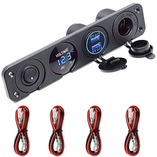 Dual USB Buchse Ladegerät 2.1A + 2.1A + LED Voltmeter + 12V Steckdose + ON-OFF Kippschalter Vier Funktionen Panel für Auto Boot Marine RV Truck Camper Fahrzeuge GPS Usw (Blau)