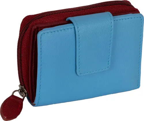 Kleine RFID Damen Geldbörse Kompakt Portemonnaie Mini Damenbörse Echt Leder HELLBLAU-ROT