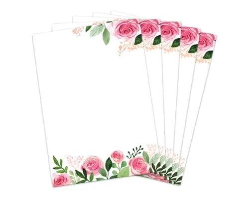 Briefbögen DIN A4, beidseitig per Hand beschriftbar und mit allen Druckern und Kopierern bedruckbar für Einladungen Briefpost Firmenpost Urkunden Zertifikate, Floral Blumen Aquarellrosen mit Grün 50