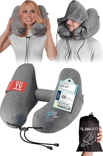 FLOWZOOM Nackenhörnchen AIR - Aufblasbares Nackenkissen für Flugreisen, ergonomisch geformt und waschbarer Bezug in Grau
