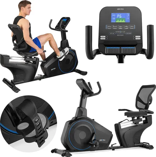 Gymtek® Magnetischer Heimtrainer, Liegerad, Fahrrad für Zuhause - bis 150 kg - 16 Widerstandsstufen - 10 kg Schwungmasse - Trainingscomputer
