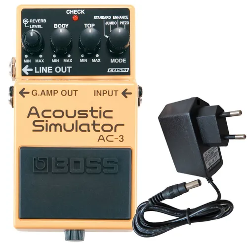 Boss AC-3 Acoustic Simulator Bundle mit 9V Netzteil - E-Gitarre Effektgerät mit vier Simulations-Modi für akustischen Klang, inklusive Reverb und optimaler Anpassbarkeit. Perfekt für den schnellen Wechsel zwischen E-Gitarre und Akustik-Sound.