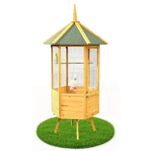 Melko Vogelvoliere XXL 6-Eck Vogelkäfig Vogelhaus aus Holz, 74 x 74 x 194 cm, braun