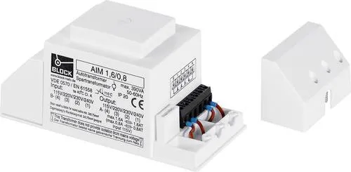 Block AIM 1,6/0,8 Spartransformator - Schalter mit gemeinsamer Eingangs- und Ausgangswicklung, ideal für effiziente Spannungsanpassung und ausgestattet mit Kurzschluss- und Überlastschutz.