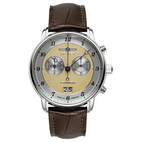 ZEPPELIN Chronograph Friedrichshafen Big Date 8584-5 - Chronograph, elegante Herrenuhr mit Stoppfunktion und Made in Germany. Wasserdicht bis 5 bar, 40 mm Gehäuse aus Edelstahl und dunkelbraunem Lederarmband.