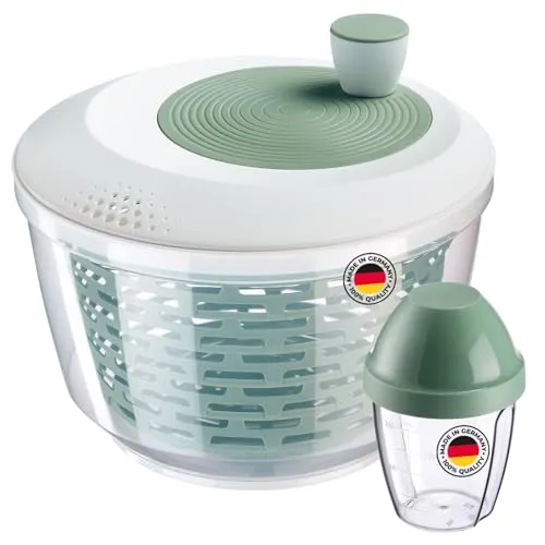 Westmark Salatschleuder Spinderella 4,4 l und Schüttelbecher Mix-Ei 0,25 l – Rutschfeste Schleuder mit Drehknauf und Ausgießer – Shaker mit Schraubdeckel und Mixscheibe – Mint-Grün