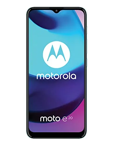 Motorola E20 - Coastal Blue, 2/32 GB - Simlockfreies Handy mit 6,5 Zoll Max Vision HD+ Display für beeindruckende Filme und Chats. Genießen Sie 40 Stunden Akkulaufzeit und die Vorteile eines AI Dual-Kamerasystems.