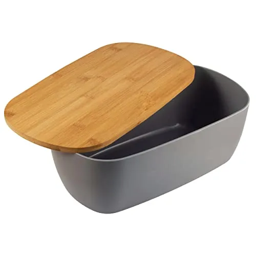 HRB Großer Brotkasten in grau Brotbox Deckel aus Buchenholz, Brotdose mit idealer Größe Aufbewahrungsbox für Brot, Brotbehälter lange Aufbewahrung